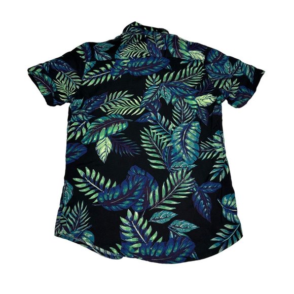 Forever 21 Shirt Mens Medium Black Green Leaf Short Sleeve Button Front Hawaiian - Picture 5 of 9
